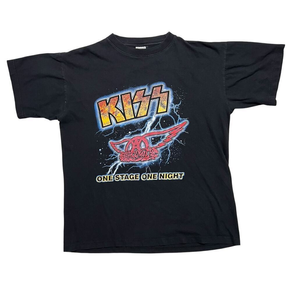 Vintage RARE KISS‎ Aerosmith One Stage One Night Rock & Roll Tour Band Tee - L